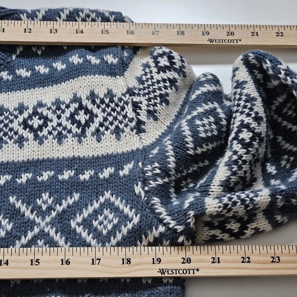Over Pull Scandinavian Pattern Cardigan Womens L Blue White LS Cottage Lagenlook - Picture 4 of 14